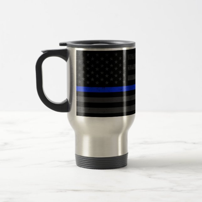 Dark Distressed Police Style American Flag Travel Mug (Left)