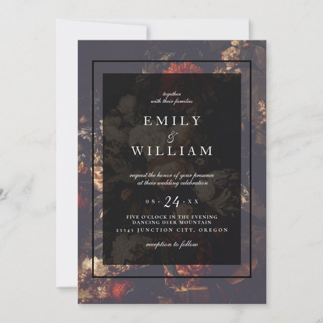 Dark Dramatic Moody Autumn Floral Wedding Invitation (Front)