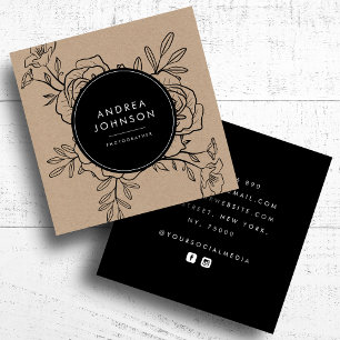 Dark Drawn Floral Rustic Kraft Botanical Modern Square Business Card