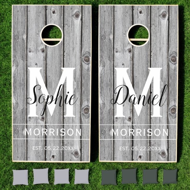 Dark Driftwood Wedding Monogram Family Name Cornhole Set (Creator Uploaded)