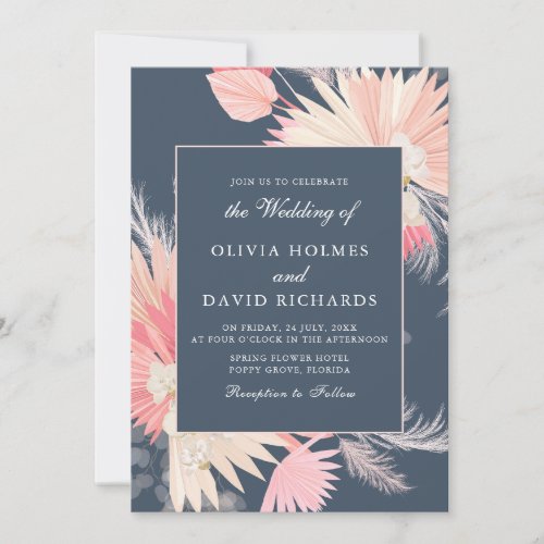 Dark Dusty Blue Tropical Orchid Wedding Invitation