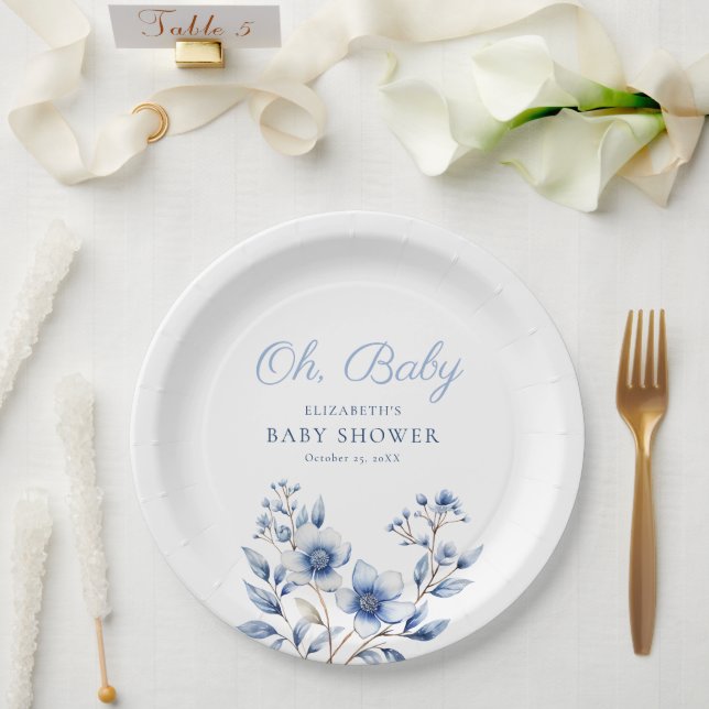 Dark & Dusty Blue Wildflowers Oh Baby  Baby Shower Paper Plates (Wedding)