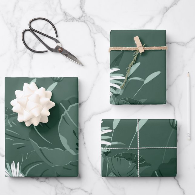 Dark Dusty Green Poppy and Daisy Wrapping Paper Sheets (Front)