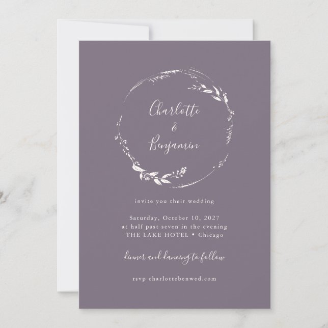 Dark Dusty Lilac Floral Wreath Script Wedding Invitation (Front)