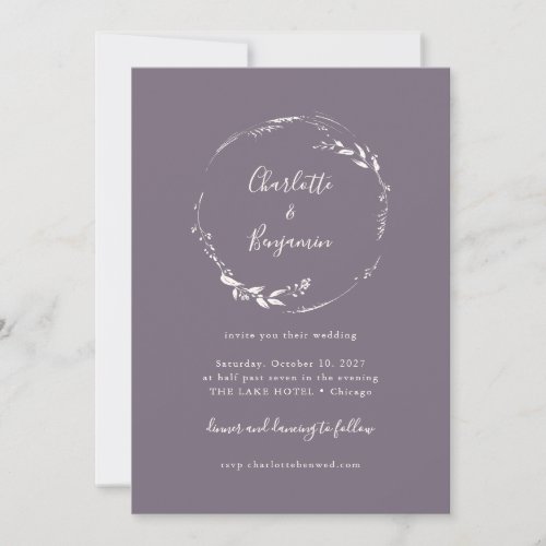 Dark Dusty Lilac Floral Wreath Script Wedding Invitation