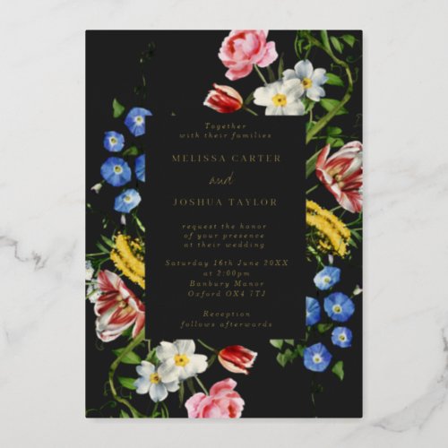 Dark Dutch Master Floral Frame Wedding Gold Foil Invitation