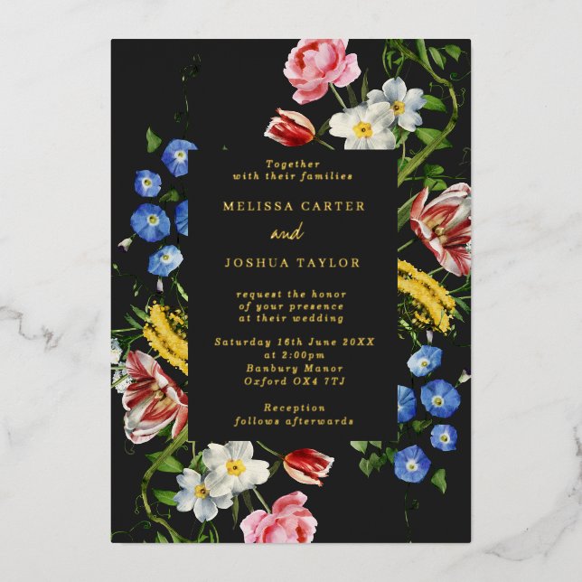 Dark Dutch Master Floral Frame Wedding Gold Foil Invitation (Front)