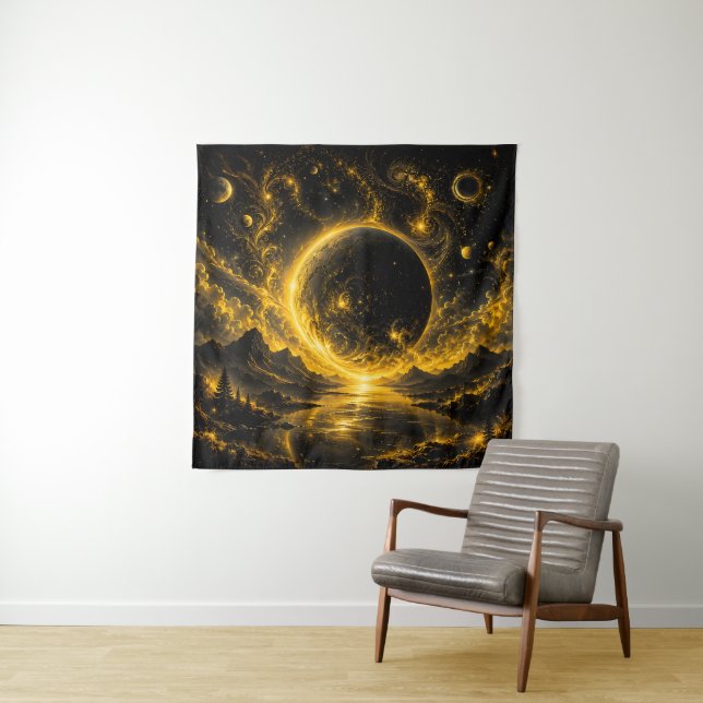 Dark Eclipse with Golden Filigree — Cosmic Fantasy Tapestry (In Situ)