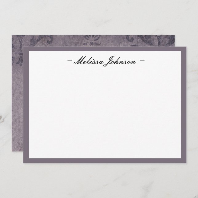 Dark Eggplant Damask Personalized Note Card (Front/Back)
