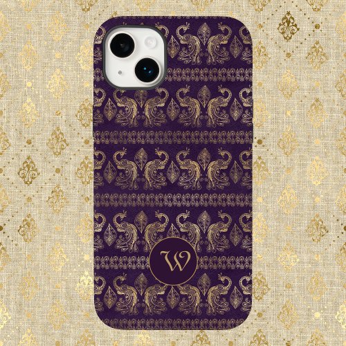 Dark Eggplant  Gold Vintage Peacocks with Monogram Case_Mate iPhone 14 Plus Case