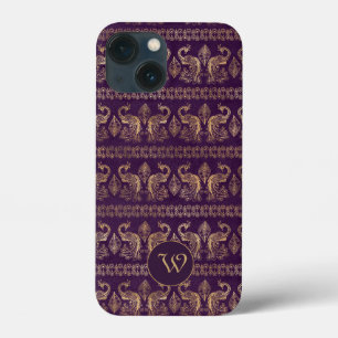 Dark Eggplant Gold Vintage Peacocks with Monogram iPhone 13 Mini Case