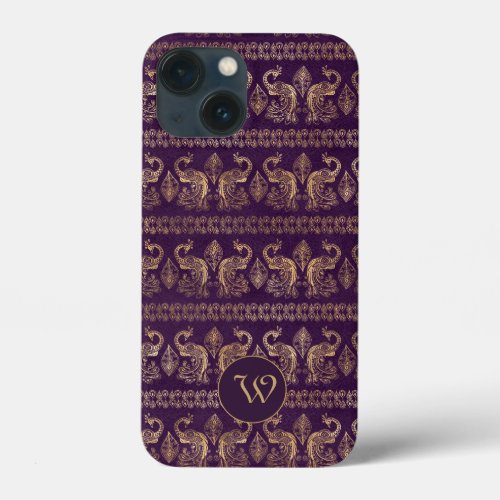 Dark Eggplant  Gold Vintage Peacocks with Monogram iPhone 13 Mini Case