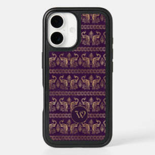 Dark Eggplant Gold Vintage Peacocks with Monogram iPhone 16 Case