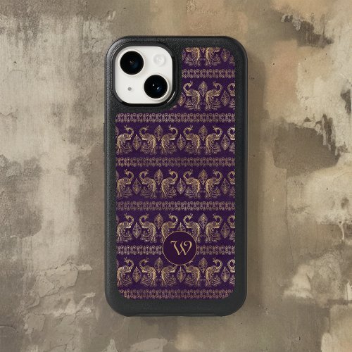 Dark Eggplant  Gold Vintage Peacocks with Monogram OtterBox iPhone 14 Case