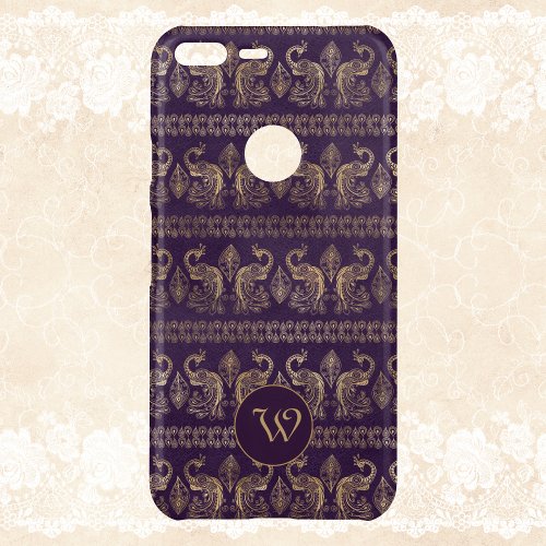 Dark Eggplant  Gold Vintage Peacocks with Monogram Uncommon Google Pixel XL Case