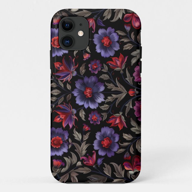 Dark Elegance: Black and Purple Floral Pattern  Case-Mate iPhone Case (Back)