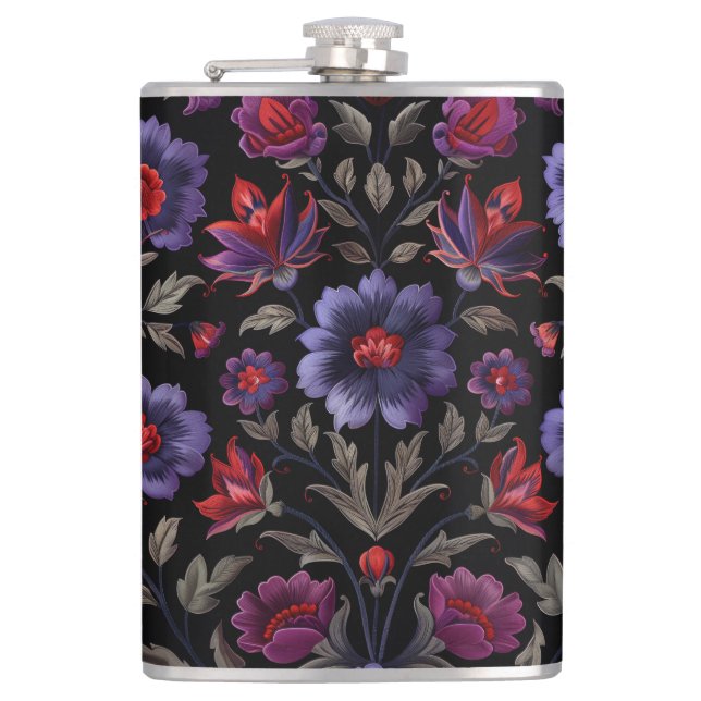 Dark Elegance: Black and Purple Floral Pattern  Flask (Front)