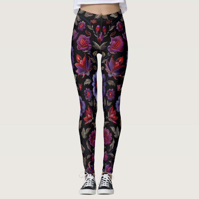 Dark Elegance: Black and Purple Floral Pattern  Leggings (Front)