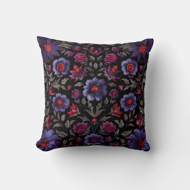Dark Elegance: Black and Purple Floral Pattern  Throw Pillow (Front)