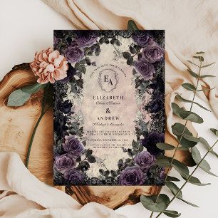 Dark Elegance with Purple Roses & Lace Invitation