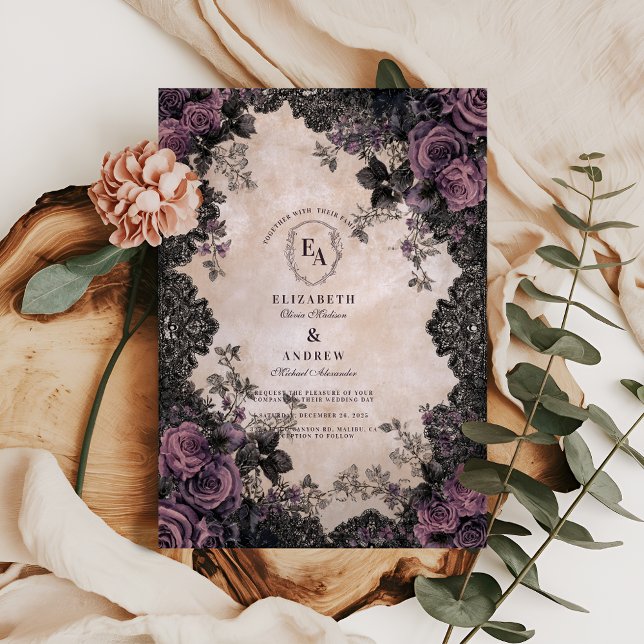 Dark Elegance with Purple Roses & Lace Invitation (Creator Uploaded)