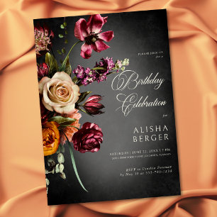 Dark Elegant Autumn Floral Birthday Invitation
