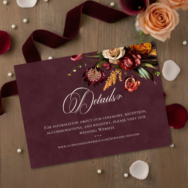 Dark Elegant Autumn Floral Burgundy Wedding Detail Enclosure Card (Creator Uploaded)