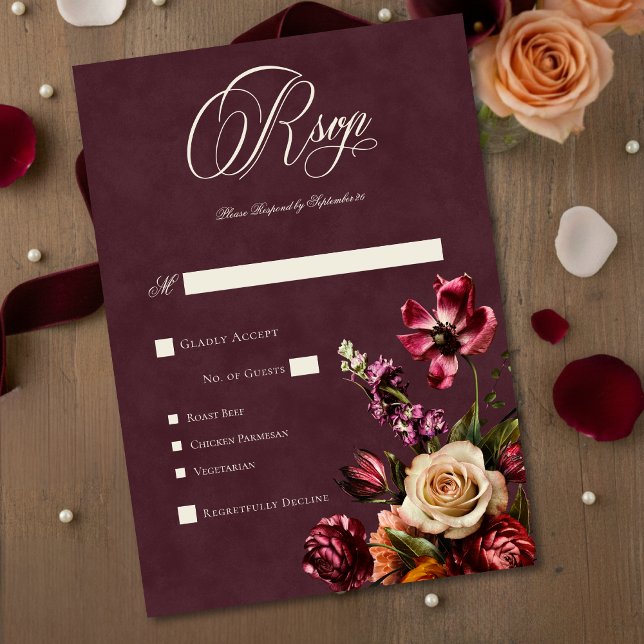 Dark Elegant Autumn Floral Burgundy Wedding Dinner RSVP Card (Creator Uploaded)