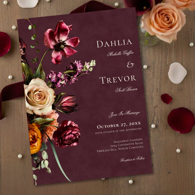Dark Elegant Autumn Floral Burgundy Wedding Invitation (Creator Uploaded)