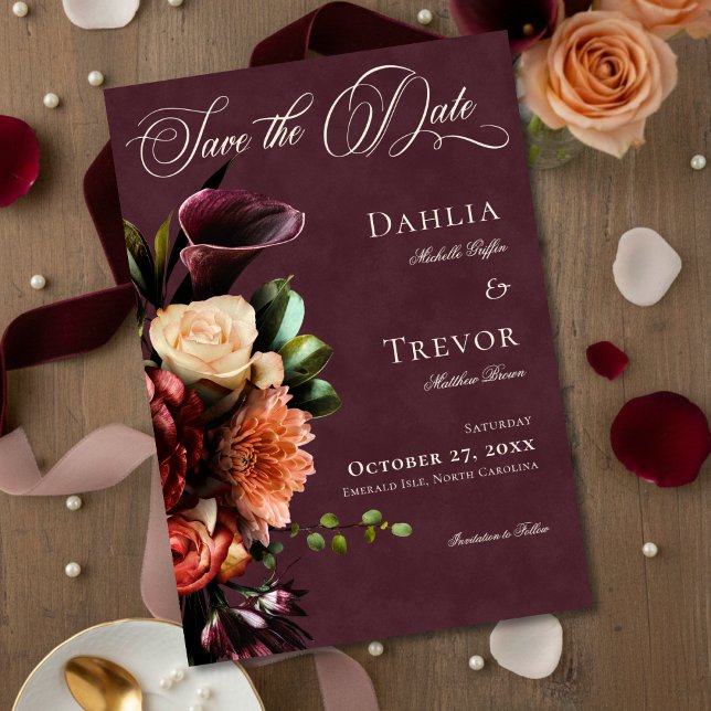 Dark Elegant Autumn Floral Burgundy Wedding Save The Date (Creator Uploaded)