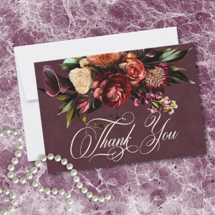 Dark Elegant Autumn Floral Burgundy Wedding Thank You Card