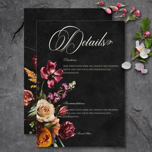 Dark Elegant Autumn Floral Wedding Details Enclosure Card