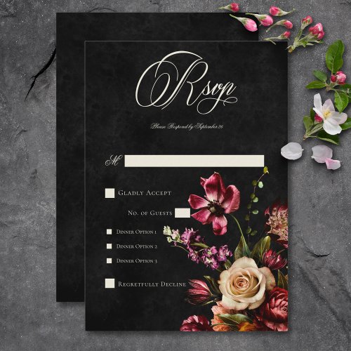 Dark Elegant Autumn Floral Wedding Dinner RSVP Card