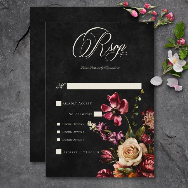 Dark Elegant Autumn Floral Wedding Dinner RSVP Card (Dark Elegant Autumn Floral Wedding Dinner RSVP Card)