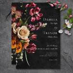 Dark Elegant Autumn Floral Wedding Invitation<br><div class="desc">Step into a realm of exquisite elegance with our floral dark and moody wedding invitation. Designed to captivate the senses, this invitation boasts a striking black background adorned with a breathtaking burst of autumnal florals in deep burgundy, burnt orange, creamy hues, and touches of luxurious gold, complemented by lush olive...</div>