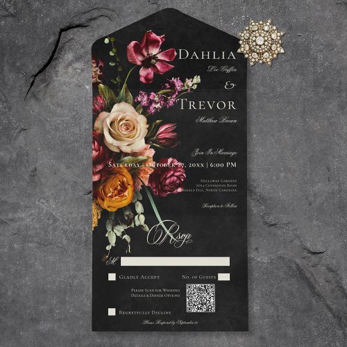 Dark Elegant Autumn Floral Wedding QR Code All In One Invitation