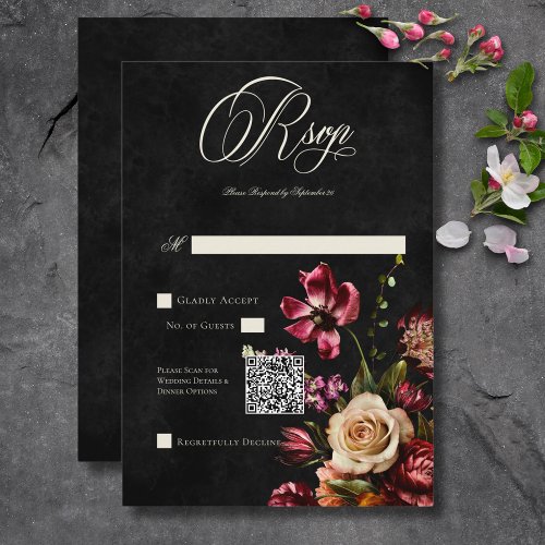 Dark Elegant Autumn Floral Wedding QR Code RSVP Card