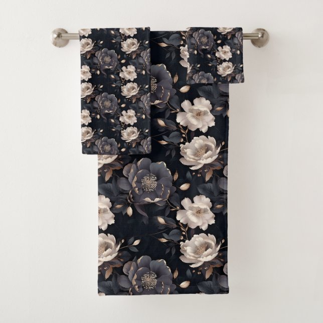 Dark Elegant Black And Cream Peony Floral Vintage  Bath Towel Set (Insitu)