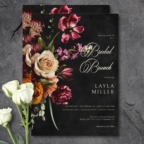 Dark Elegant Black Autumn Floral Bridal Brunch Invitation