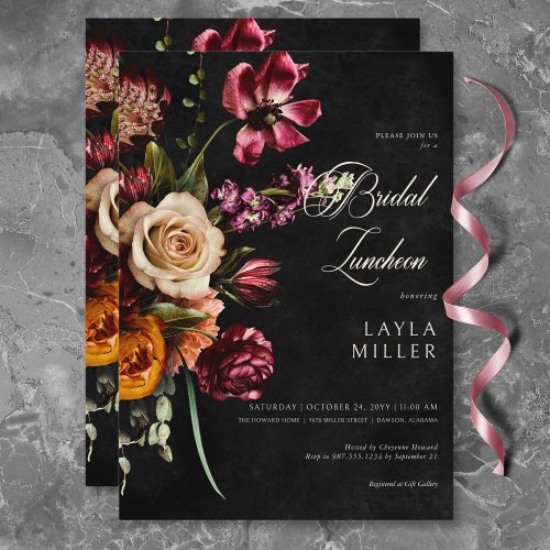 Dark Elegant Black Autumn Floral Bridal Luncheon Invitation