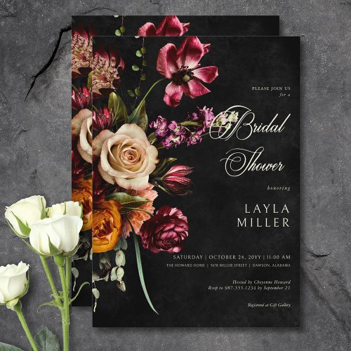 Dark Elegant Black Autumn Floral Bridal Shower Invitation