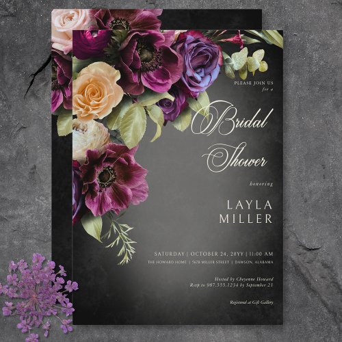 Dark Elegant Black Blur Floral Bridal Shower Invitation