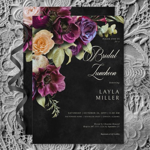 Dark Elegant Black Dramatic Floral Bridal Luncheon Invitation