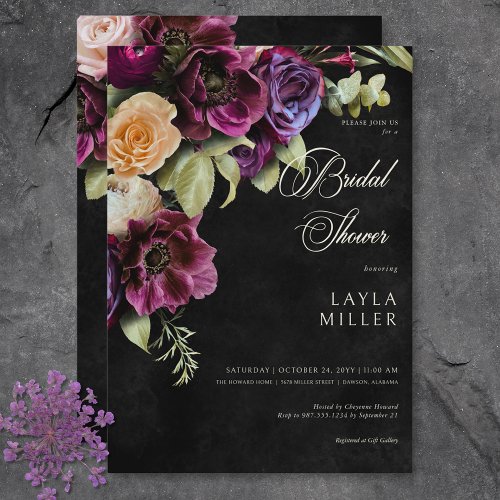 Dark Elegant Black Dramatic Floral Bridal Shower Invitation