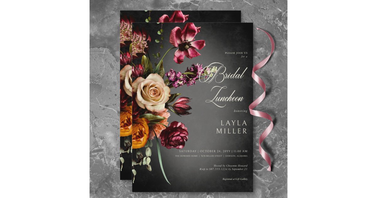 Dark Elegant Blur Autumn Floral Bridal Luncheon Invitation