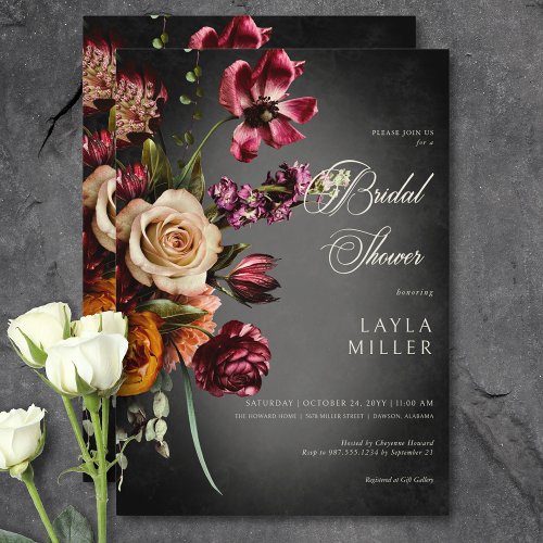 Dark Elegant Blur Autumn Floral Bridal Shower Invitation