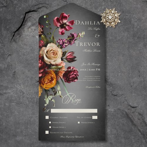 Dark Elegant Blur Autumn Floral Wedding Dinner All In One Invitation