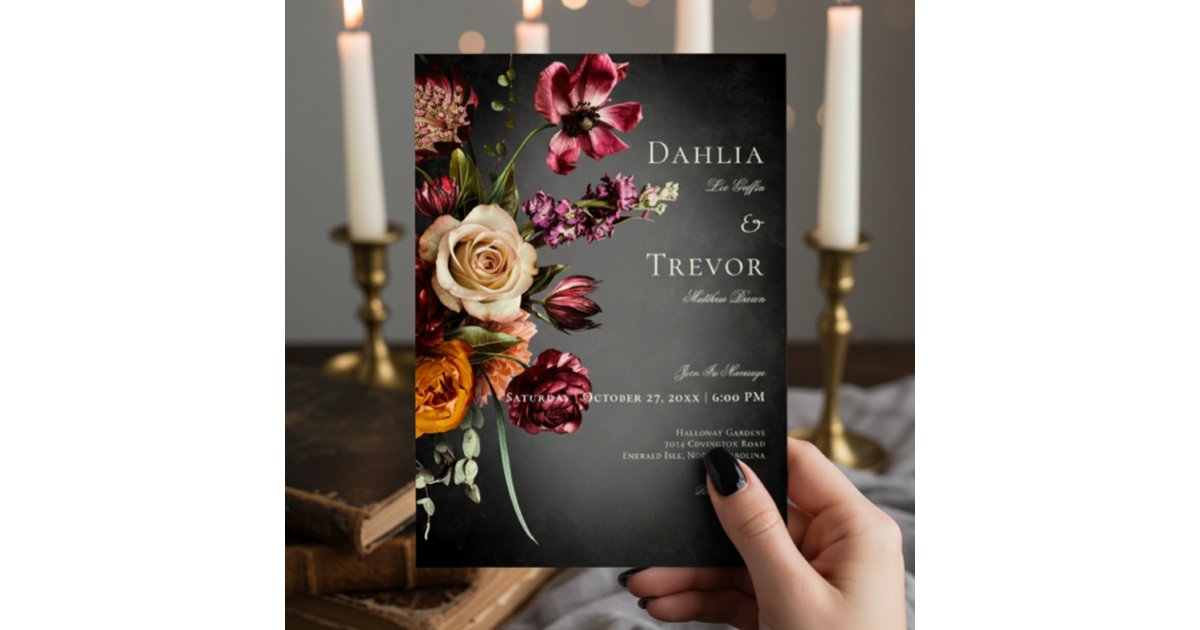 Dark Elegant Blur Autumn Floral Wedding Invitation | Zazzle