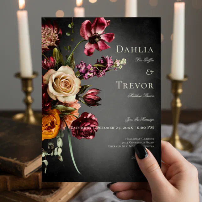 Dark Elegant Blur Autumn Floral Wedding Invitation | Zazzle