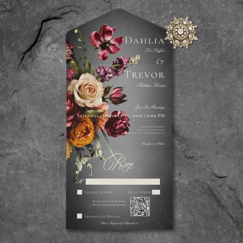 Dark Elegant Blur Autumn Floral Wedding QR Code All In One Invitation